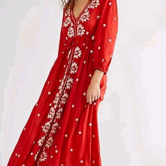 Free People Fable Red Floral Embroidered Dress Midi Women's Medium - Picture 1 of 16